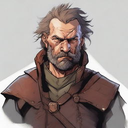 A detailed DnD character art portrait of a slim, middle-aged man in poor clothes with a rusted breastplate