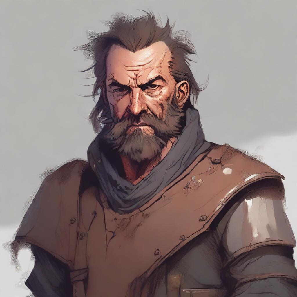 A detailed DnD character art portrait of a slim, middle-aged man in poor clothes with a rusted breastplate