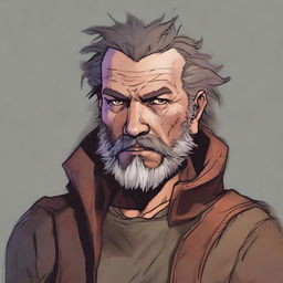 A detailed DnD character art portrait of a slim, middle-aged man in poor clothes with a rusted breastplate