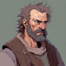 A detailed DnD character art portrait of a slim, middle-aged man in poor clothes with a rusted breastplate