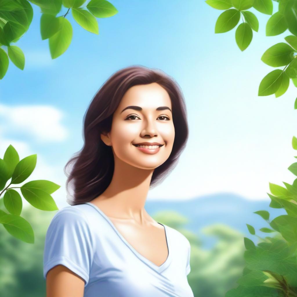 A detailed and realistic image of a woman standing in a serene environment