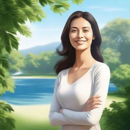 A detailed and realistic image of a woman standing in a serene environment