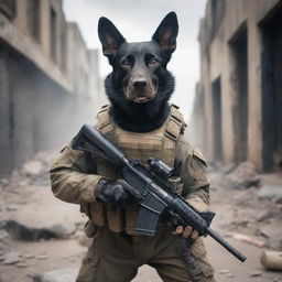 A commando dog, in full military gear, holding a light machine gun in his mouth, ready for action against a battle-ravaged urban backdrop.