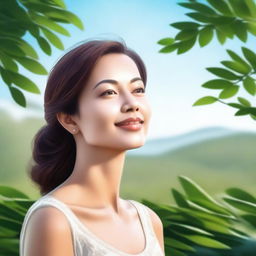 A detailed and realistic image of a woman standing in a serene environment