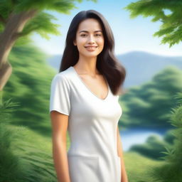 A detailed and realistic image of a woman standing in a serene environment