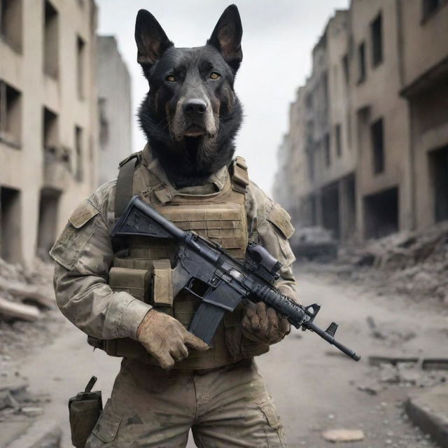 A commando dog, in full military gear, holding a light machine gun in his mouth, ready for action against a battle-ravaged urban backdrop.