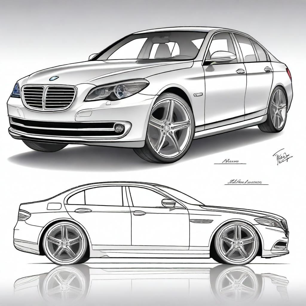 A highly detailed and ultra-realistic sketch combining elements of a BMW 5 Series and a Mercedes 2 Class 2008