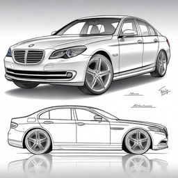 A highly detailed and ultra-realistic sketch combining elements of a BMW 5 Series and a Mercedes 2 Class 2008