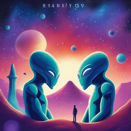 A captivating book cover featuring two aliens from different planets meeting for the first time