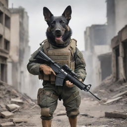 A commando dog, in full military gear, holding a light machine gun in his mouth, ready for action against a battle-ravaged urban backdrop.