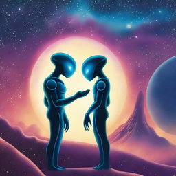 A captivating book cover featuring two aliens from different planets meeting for the first time