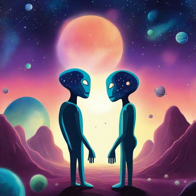 A captivating book cover featuring two aliens from different planets meeting for the first time