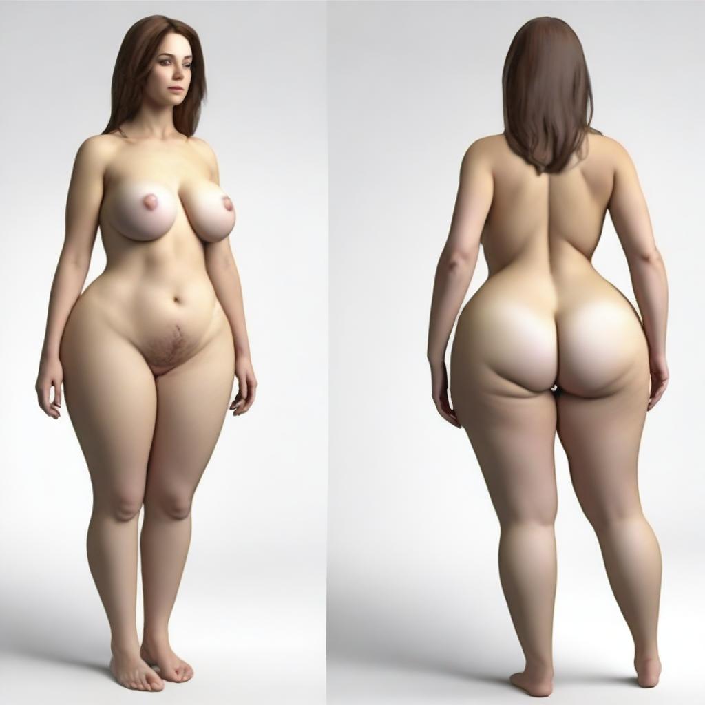 A realistic image of a slim woman with very wide hips, small shoulders, and huge breasts