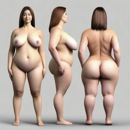 A realistic image of a slim woman with very wide hips, small shoulders, and huge breasts