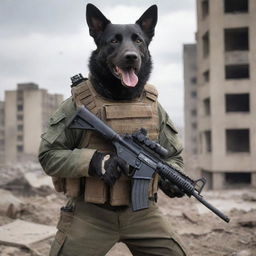 A commando dog, in full military gear, holding a light machine gun in his mouth, ready for action against a battle-ravaged urban backdrop.