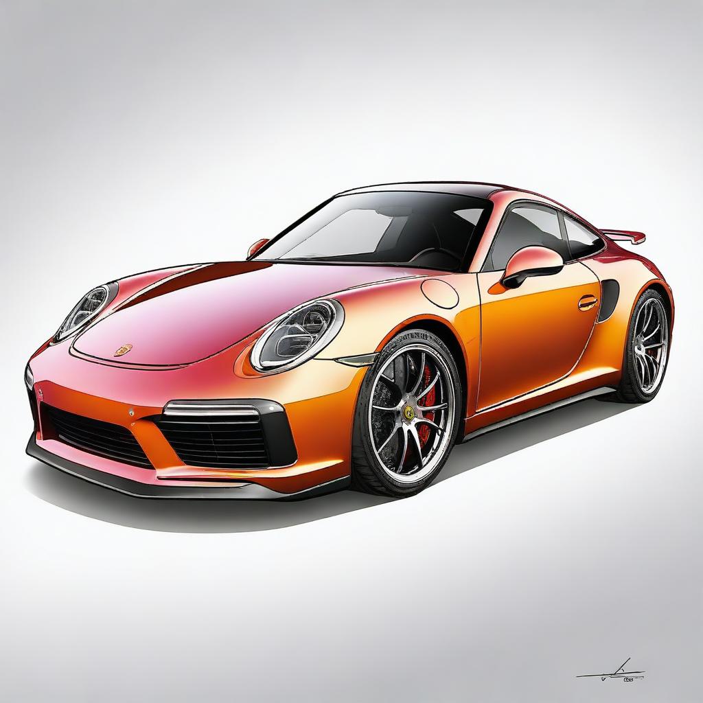 An ultra-realistic sketch of a Porsche 911 with exotic colors