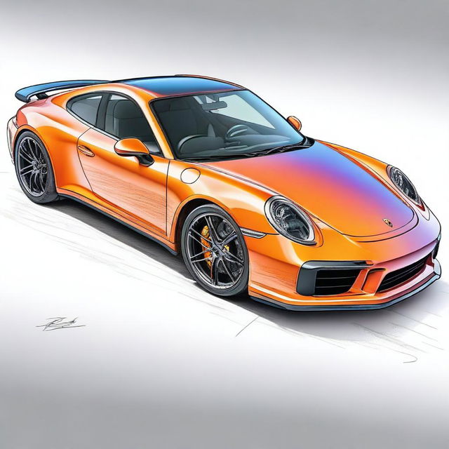 An ultra-realistic sketch of a Porsche 911 with exotic colors