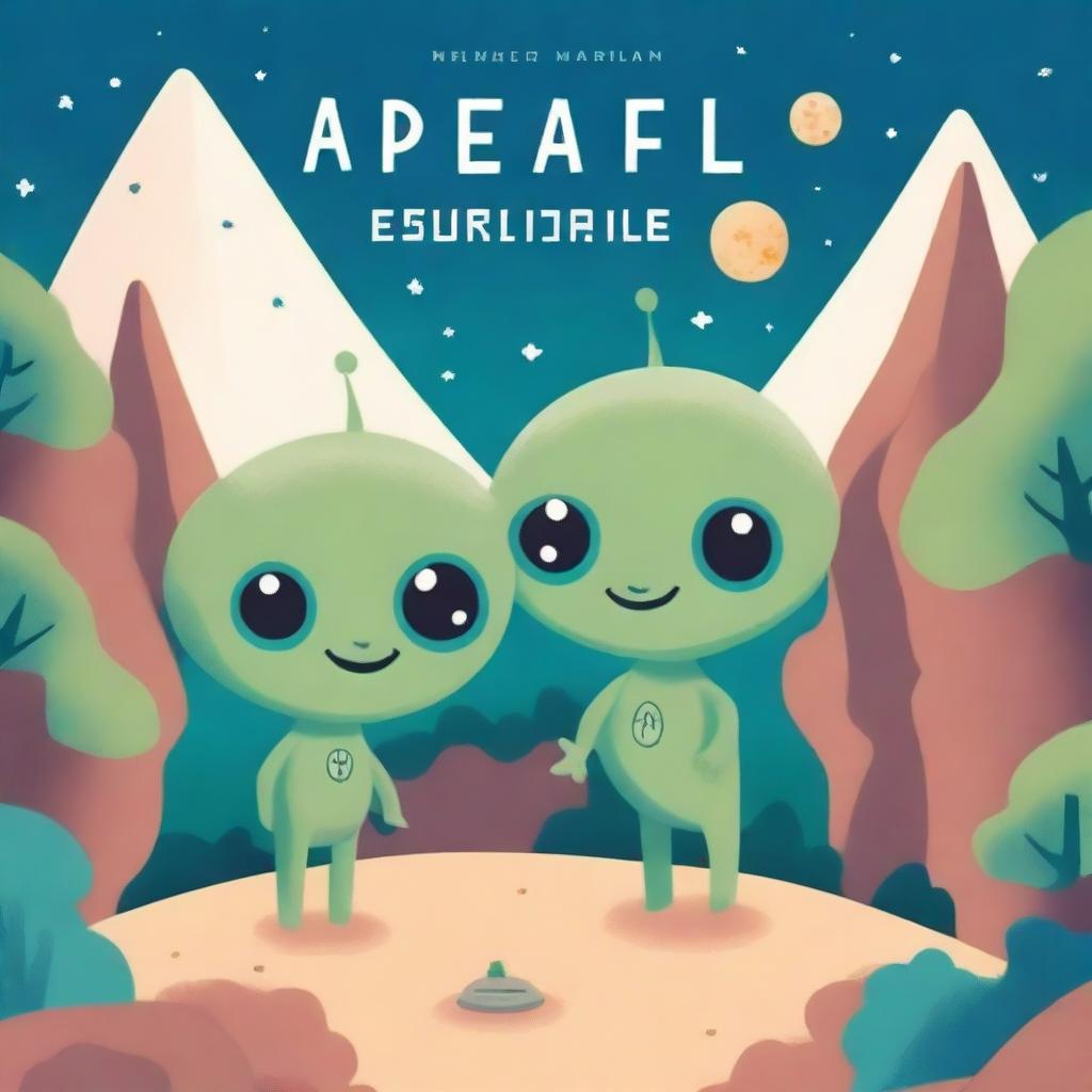 A charming book cover featuring two small, cute aliens on an adventure on Earth