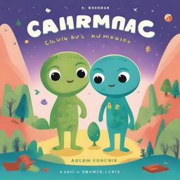 A charming book cover featuring two small, cute aliens on an adventure on Earth