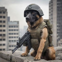 A commando dog, clad in full combat equipment including a protective helmet, gripping a light machine gun with his mouth, prepared for action against a war-torn cityscape.