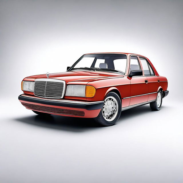 Create a hyper-realistic image of a 1990s Mercedes 190 with no background, focusing on the intricate details of the car