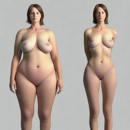 A realistic image of a thin woman with very wide hips, small shoulders, and large breasts