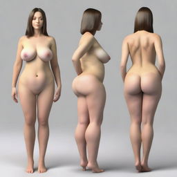 A realistic image of a thin woman with very wide hips, small shoulders, and large breasts