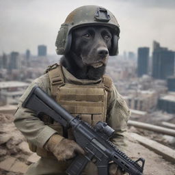 A commando dog, clad in full combat equipment including a protective helmet, gripping a light machine gun with his mouth, prepared for action against a war-torn cityscape.