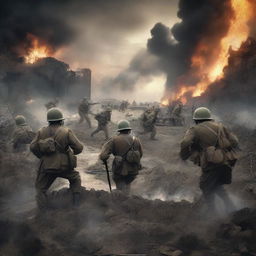 A realistic World War 2 scene depicting soldiers in battle