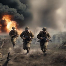 A realistic World War 2 scene depicting soldiers in battle