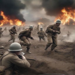 A realistic World War 2 scene depicting soldiers in battle