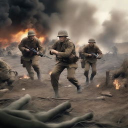 A realistic World War 2 scene depicting soldiers in battle