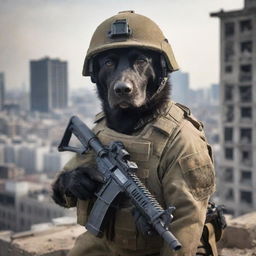 A commando dog, clad in full combat equipment including a protective helmet, gripping a light machine gun with his mouth, prepared for action against a war-torn cityscape.