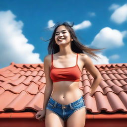 A young girl is standing on the roof, smiling