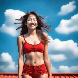 A young girl is standing on the roof, smiling