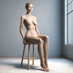 A realistic image of a very thin woman with very wide hips, small shoulders, and large breasts