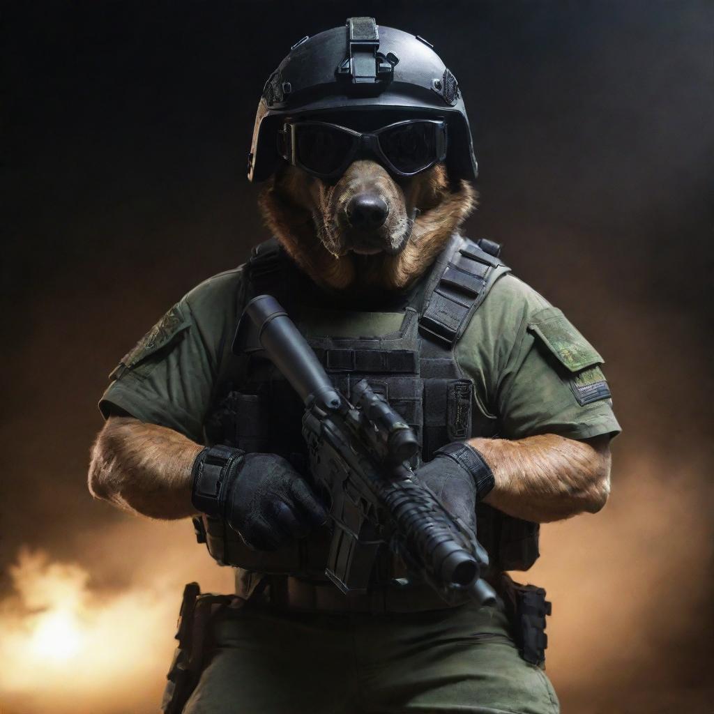 A highly-trained commando dog, decked out with a helmet and military-grade night vision goggles, wielding a minigun with unmatched precision, positioned against a dark, hazard-filled battlefield.