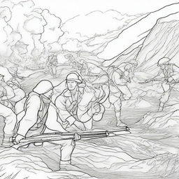 A realistic World War 2 scene depicted as a coloring book page