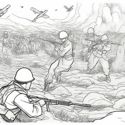 A realistic World War 2 scene depicted as a coloring book page