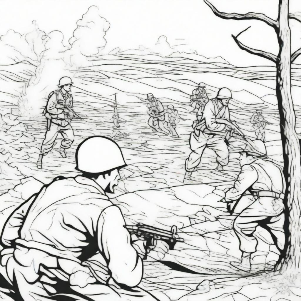 A realistic World War 2 scene depicted as a coloring book page