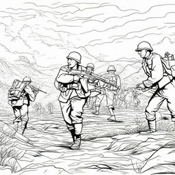 A realistic World War 2 scene depicted as a coloring book page