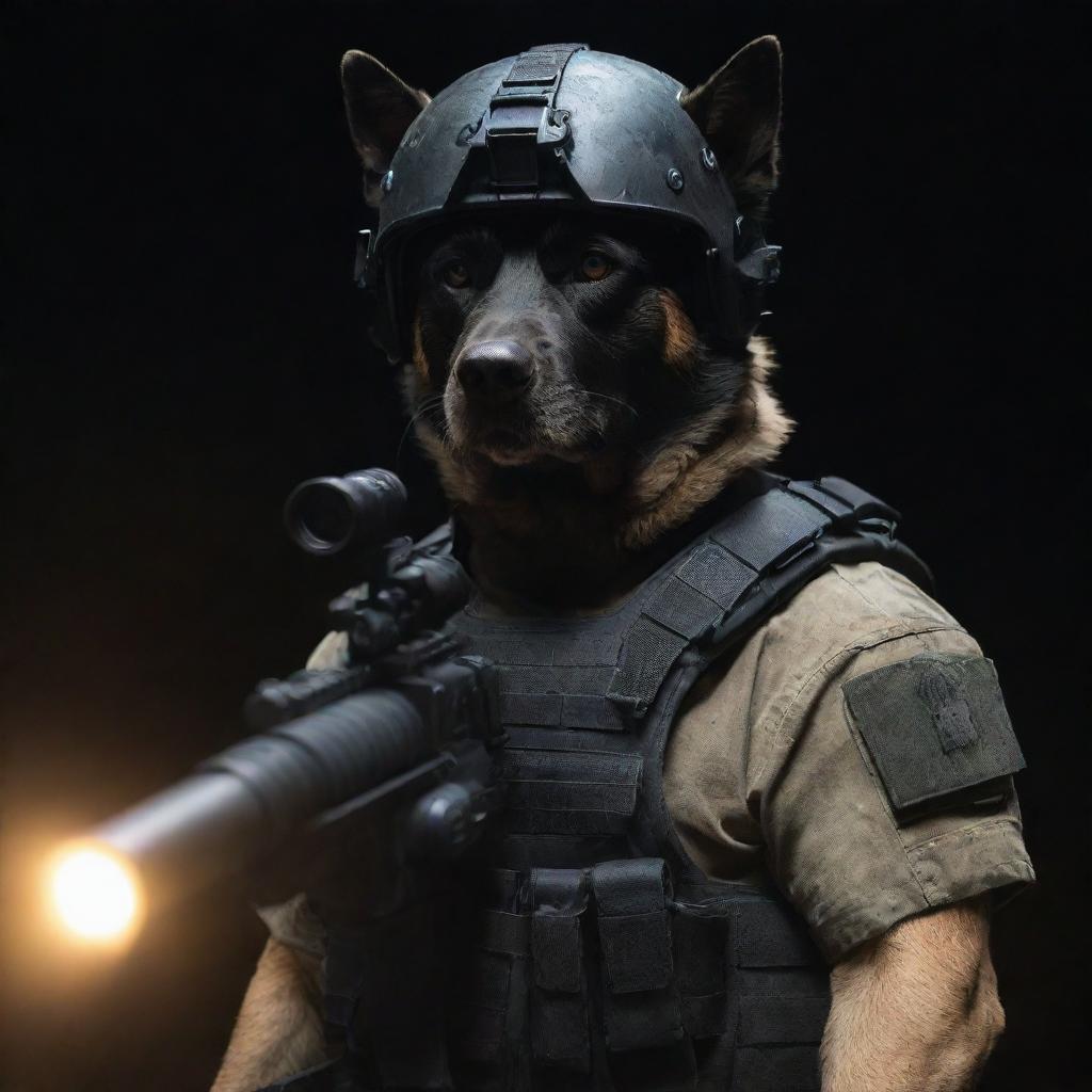 A highly-trained commando dog, decked out with a helmet and military-grade night vision goggles, wielding a minigun with unmatched precision, positioned against a dark, hazard-filled battlefield.