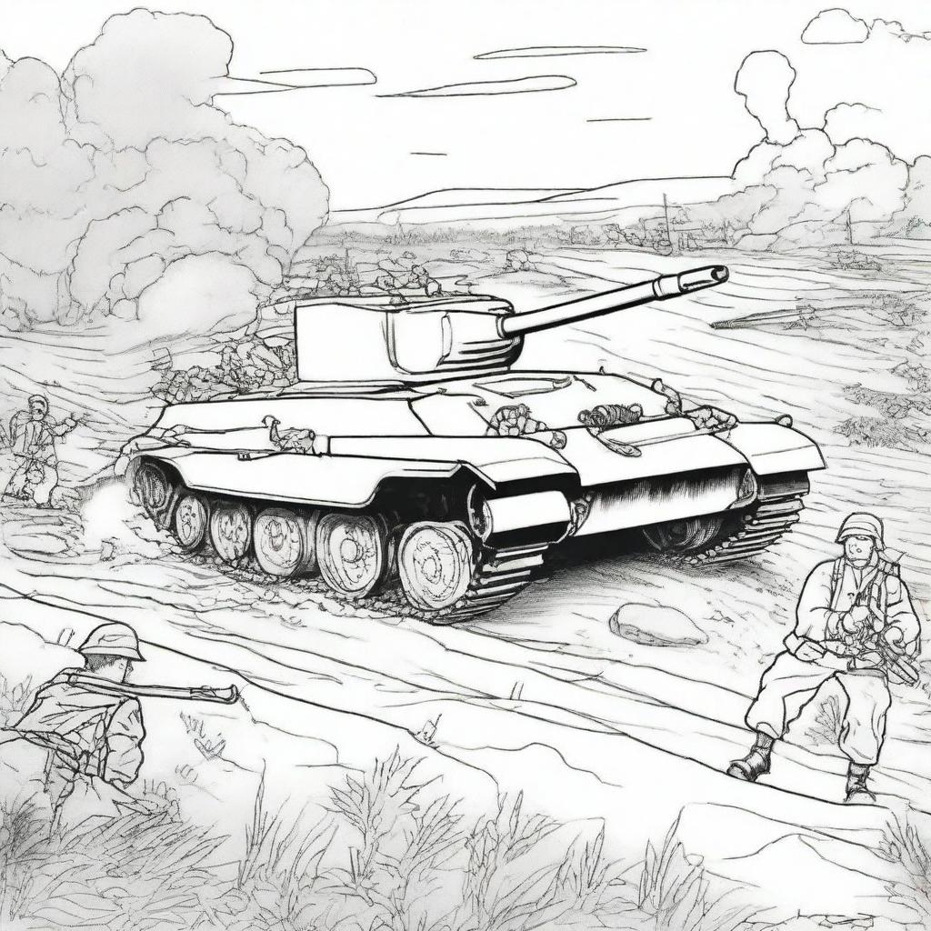 A realistic World War 2 scene depicted as a coloring book page