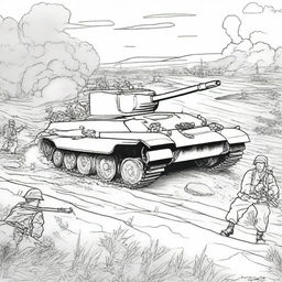 A realistic World War 2 scene depicted as a coloring book page