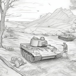 A realistic World War 2 scene depicted as a coloring book page