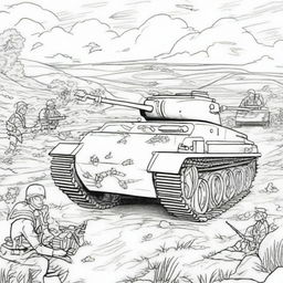 A realistic World War 2 scene depicted as a coloring book page