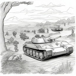 A realistic World War 2 scene depicted as a coloring book page