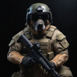 A highly-trained commando dog, decked out with a helmet and military-grade night vision goggles, wielding a minigun with unmatched precision, positioned against a dark, hazard-filled battlefield.