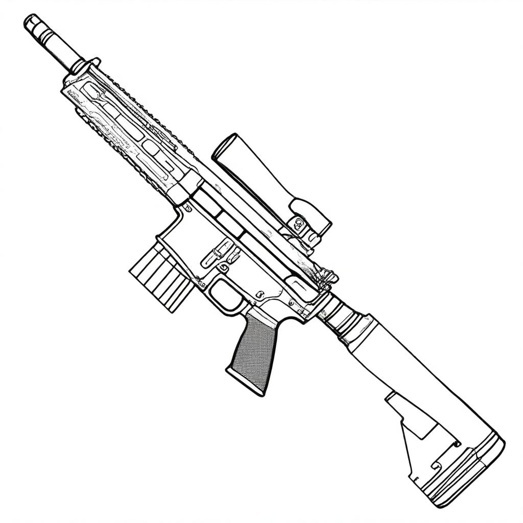 A photorealistic depiction of an automatic rifle rendered as a coloring book page