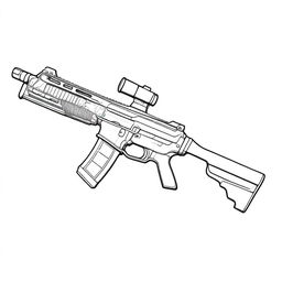 A photorealistic depiction of an automatic rifle rendered as a coloring book page